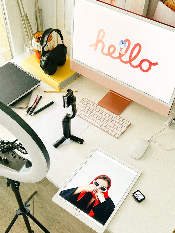 Stylish workspace featuring tech gadgets and 'Hello' screen art in elegant design.